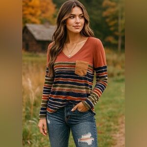 Sun & Moon Striped Long Sleeve Top Small Rust Knit Fall Boho Cottagecore Indie